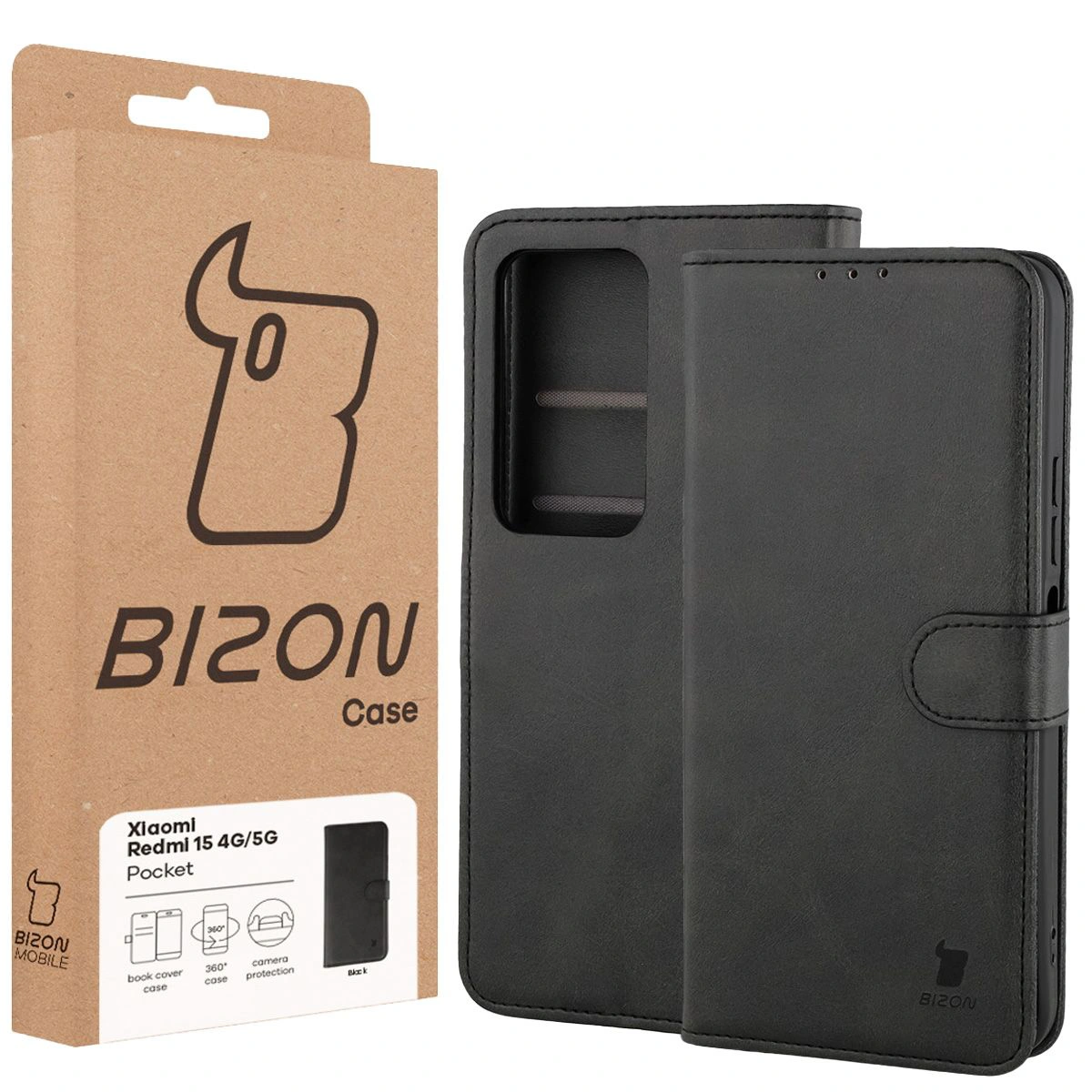 Przód pudełka Bizon Case z dedykowaną etykietą do Redmi 15 4G/5G